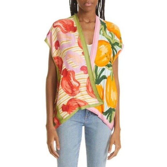 FARM RIO Fruit Scarves Printed‎ Satin Blouse  Boho Art To Wear Size Medium - Picture 1 of 9